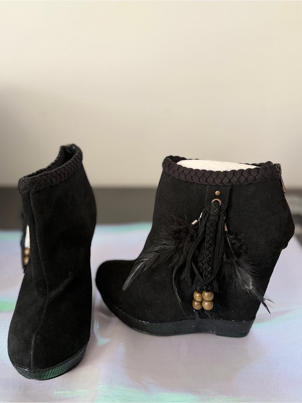 Chinese Laundry Black Suede Feather & Braided Tassel Wedge Booties